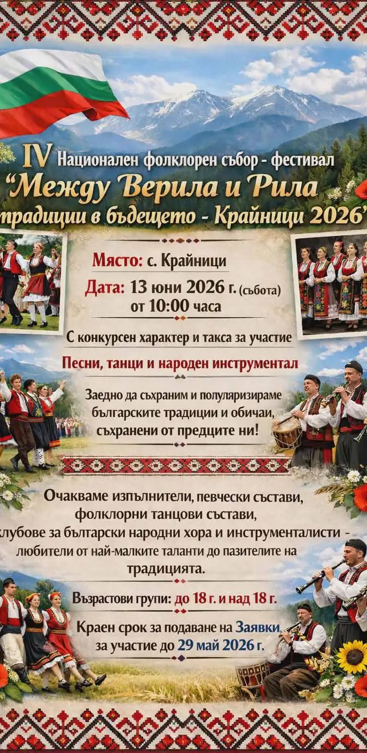 IV Национален фолклорен събор фестивал "Между Верила и Рила с традиции в бъдещето- Крайници 2026"